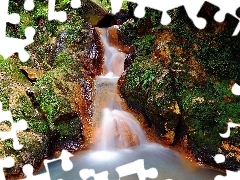rocks, fern, waterfall, mosses