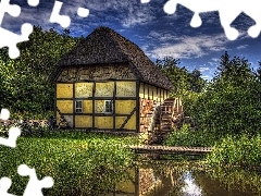 Watermill, Bikes, stream, footbridge, forest