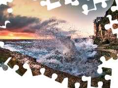 Waves, clouds, castle, sea, ruins