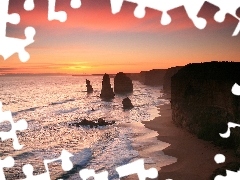 rays, west, Waves, rocks, sea, sun