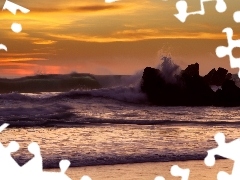 rays, west, Waves, rocks, sea, sun