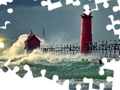 sea, Storm, Waves, Lighthouse