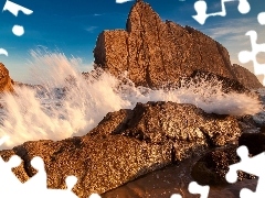 waves, rocks, spray