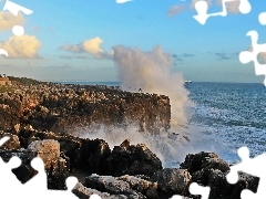 Waves, vessels, rocks, high, Coast