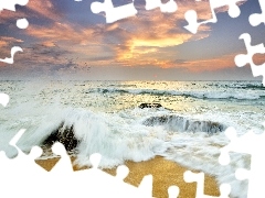 west, sea, Waves, sun
