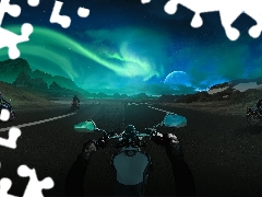 Mountains, aurora polaris, Way, Motorcycles, graphics