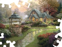 picture, Thomas Kinkade, manor-house, well, Garden