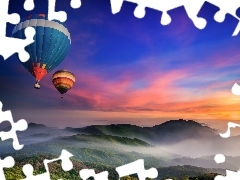 west, sun, Mountains, Sky, Balloons