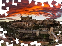 west, sun, Moat, clouds, Castle