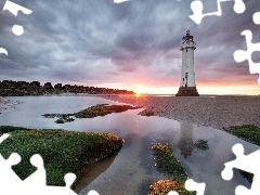 maritime, sea, west, sun, clouds, Lighthouse