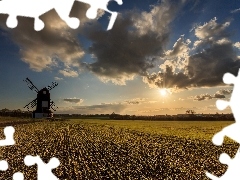 west, sun, Windmill, clouds, Field