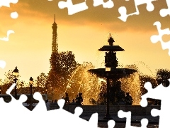 Eiffla, Paris, west, sun, fountain, tower