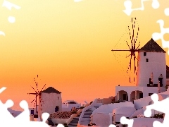 santorini, Windmills, west, sun, Greece, Houses