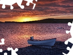 west, sun, Mountains, Boats, lake