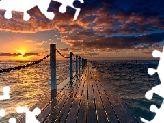 west, sun, Platform, clouds, sea