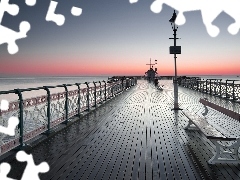 bench, pier, west, sun, sea, lanterns