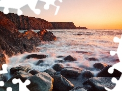 west, sun, cliff, Stones, sea