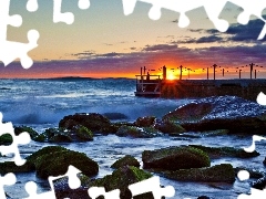 coast, sea, west, sun, Stones, pier