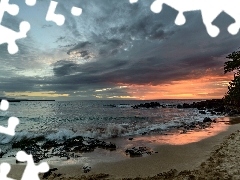 Stones, Coast, west, sun, Waves, Beaches