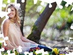 trees, Women, White, Dress, Flowers, Smile