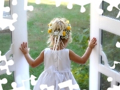 White, dress, Window, wreath, girl