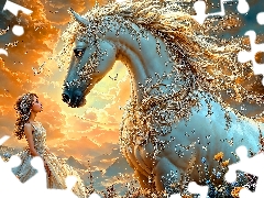 Horse, Dress, Mountains, White, Women, Flowers, clouds