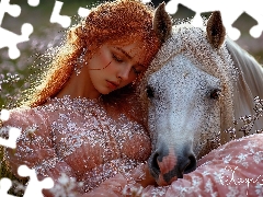 Women, the sleeping, White, Horse, Meadow, redhead