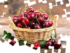 cherries, basket, leaves, wicker