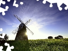 east, Meadow, Windmill, sun