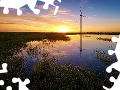 Backwaters, west, Windmill, grass, water, sun