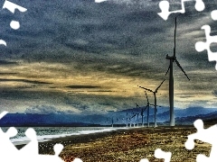 clouds, sea, Windmills, Mountains