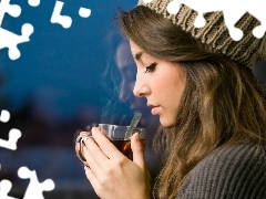 Window, winter, hot, tea, girl