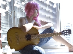 young, Guitar, Window, girl