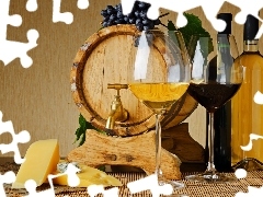 Wine, cheese, Bottles, Lights, barrel