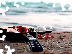 Guitar, glasses, Wine, Colourfull Flowers