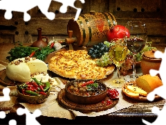 Wine, Laid, pizza, barrel, Cheese, feast, Table, Grapes, glasses, Chilies