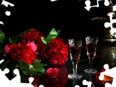 Wine, jug, Peonies, glasses, Red