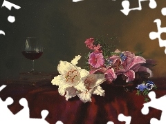 bouquet, wine glass, Wines, flowers