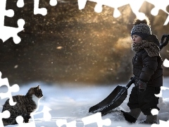 boy, Park, winter, cat