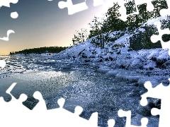 Coast, woods, winter, rocks