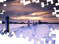 field, clouds, winter, fence