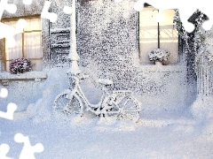 house, snow, winter, Bike