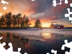 winter, lake, viewes, Home, trees, Norway, Ringerike, Great Sunsets