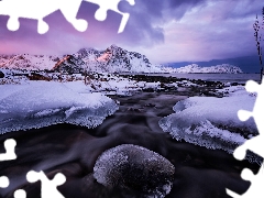 Mountains, Norway, snow, winter, sea, Lofoten