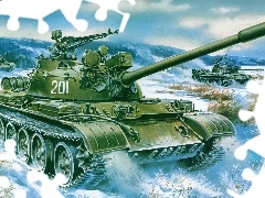 car in the meadow, tanks, winter