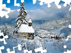 mountain, church, winter, Town