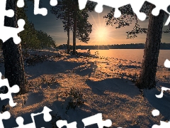 viewes, lake, Norway, snow, Ringerike, trees, winter, rays of the Sun