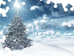 christmas tree, snow, winter, clouds