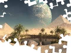 water, Desert, Women, Planet, Palms, Pyramids