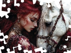 redhead, White, Horse, Women